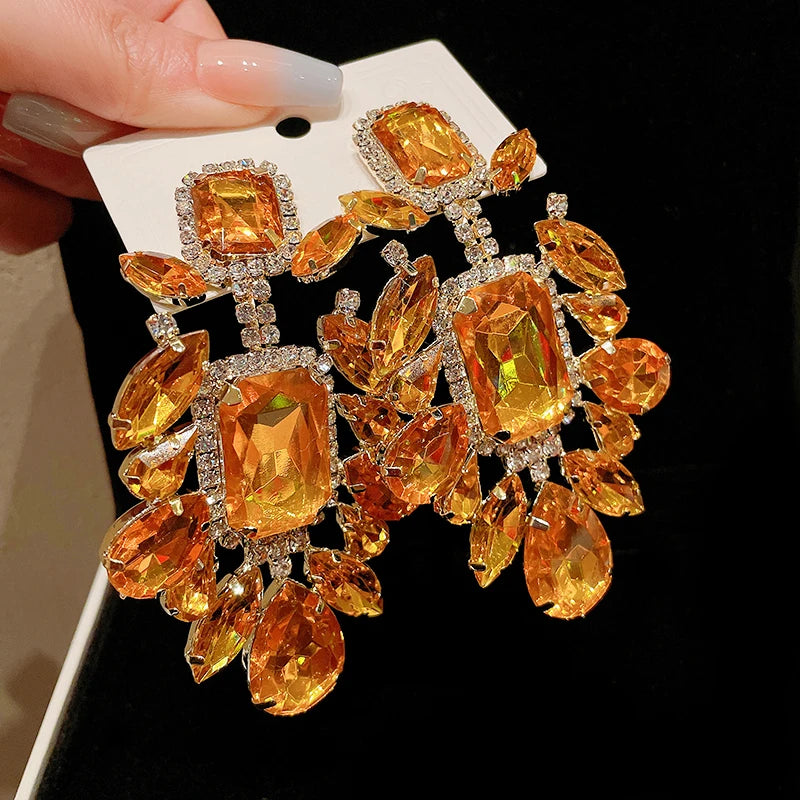 Women's Orange Rhinestone Geometric Dangle Earrings Retro Exaggerated Drop Earrings