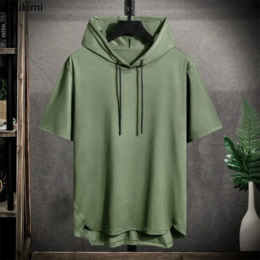 2025 Men's Summer Hoodies T-shirts Short Sleeve Solid Color Loose Hooded Drawstring Pullover Tops
