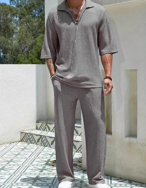 Load image into Gallery viewer, 2025 New Spring summer Men's retro casual suit collar solid color half-sleeved shirt loose drawstring pants Two-piece  Suit
