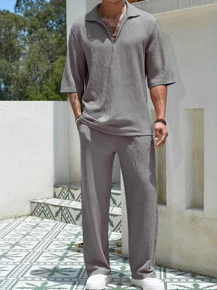 2025 New Spring summer Men's retro casual suit collar solid color half-sleeved shirt loose drawstring pants Two-piece  Suit