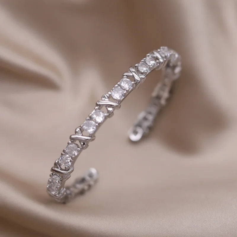Elegant Women's Two-Color Gold , Silver and Multi Gold and silver Letter X Bracelet Fashionable French Design Accessory Cubic Zirconia Cuff