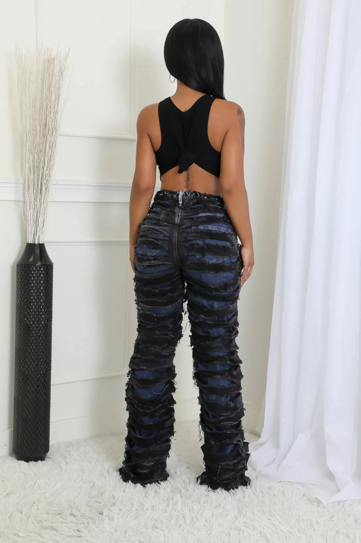 Street Denim Pants Women Ripped Out Striped High Waist Zipper Jeans