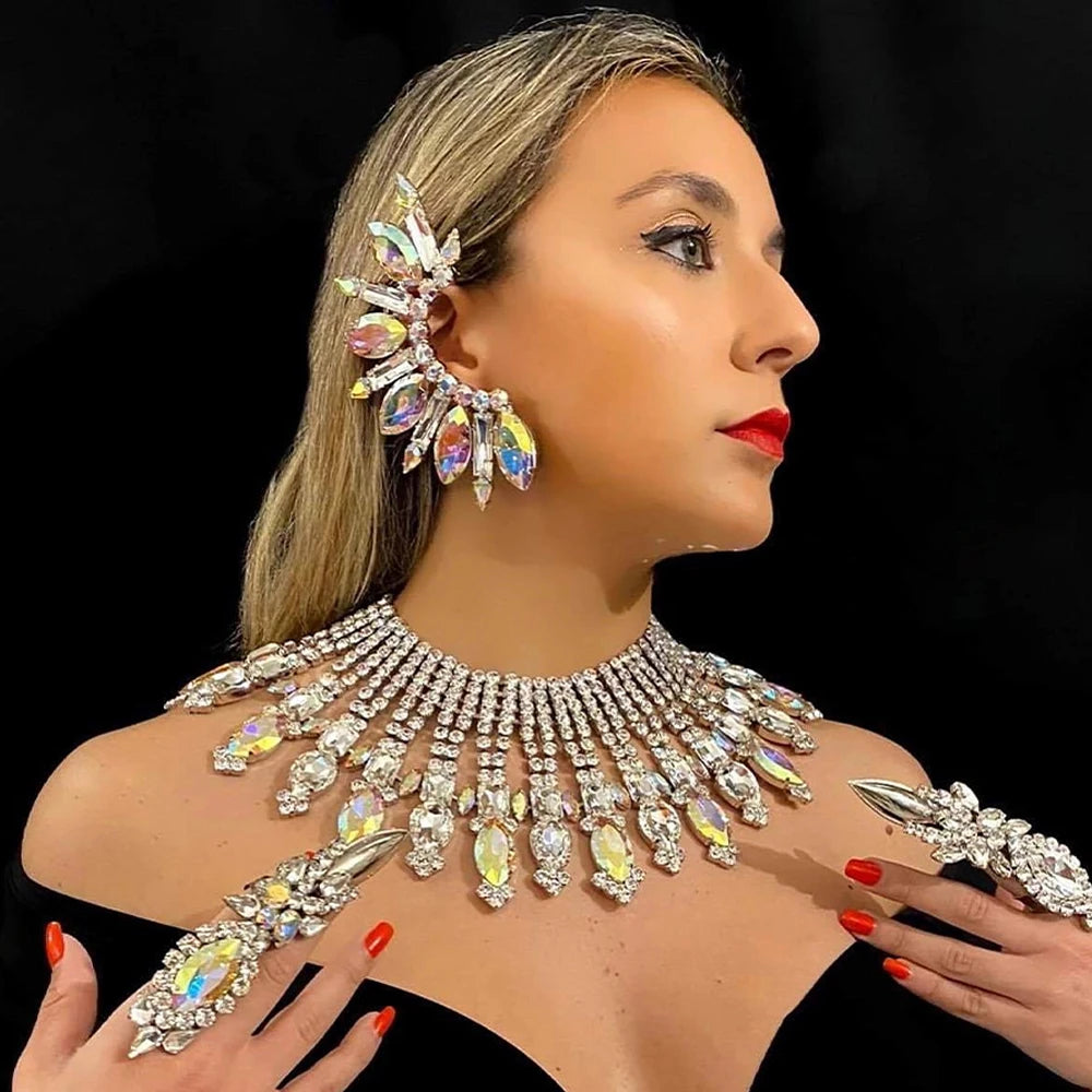 Large Shiny Rhinestone Crystal Statement Clip Earrings for Women Exaggerate Ear Cuff No Piercing Fashion Jewelry