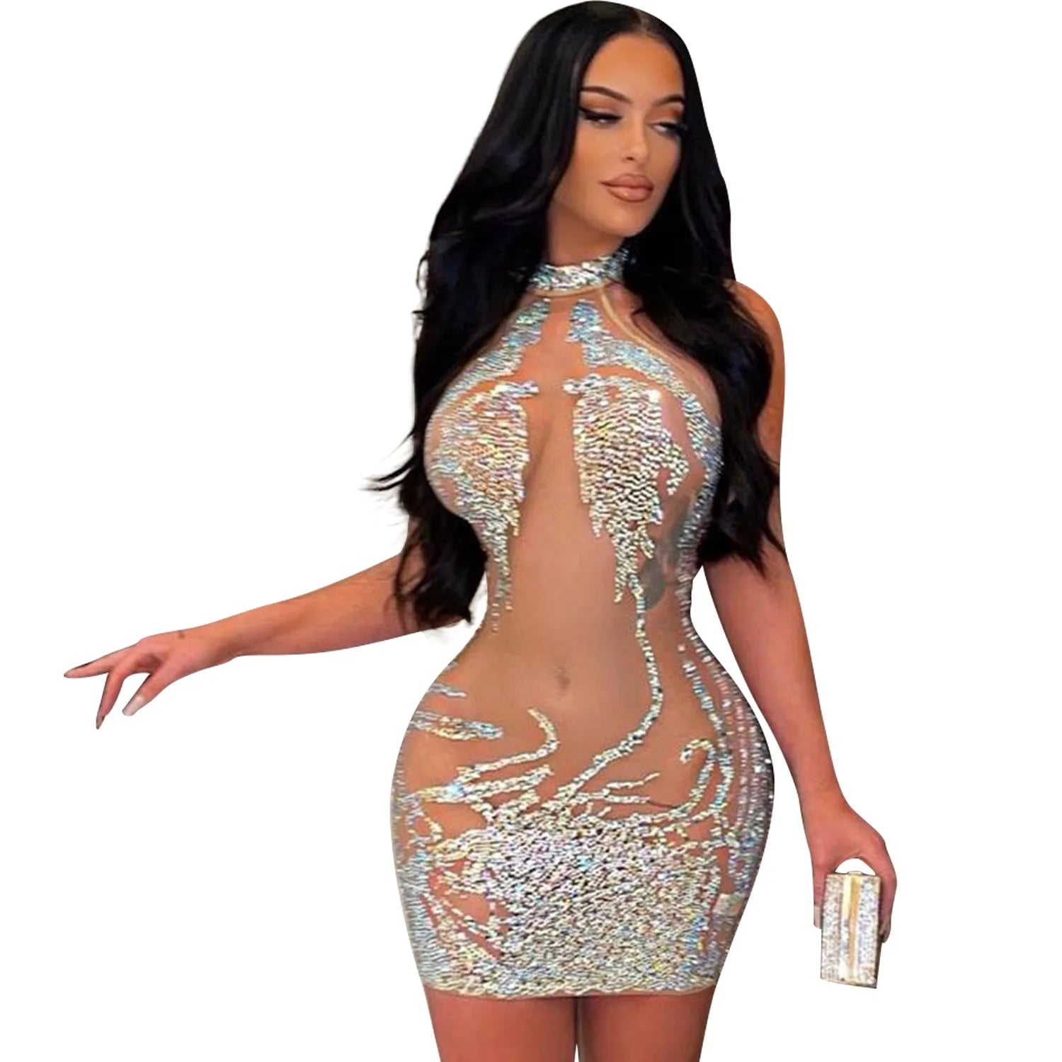Sexy Mesh Rhinestone Short Mini Dress  Diamond Bodycon Dresses