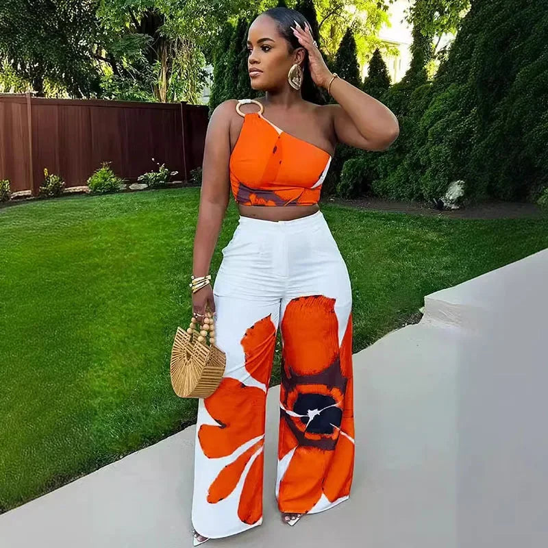 Floral Print Summer Two Piece Set Women Holiday One Shoulder Crop Top and Loose Wide Leg Pants