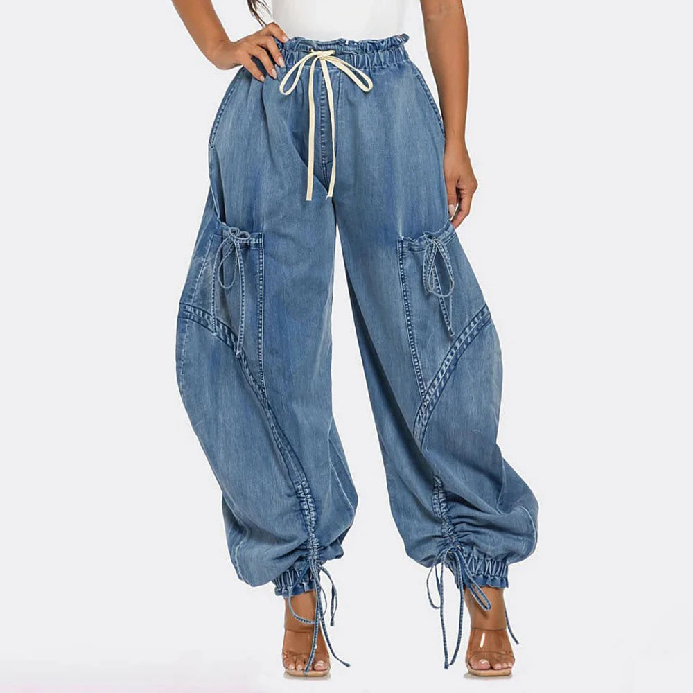 Women's High Waist Denim Spliced Lace-Up Jeans Drawstring Vintage Loose Fit Pants