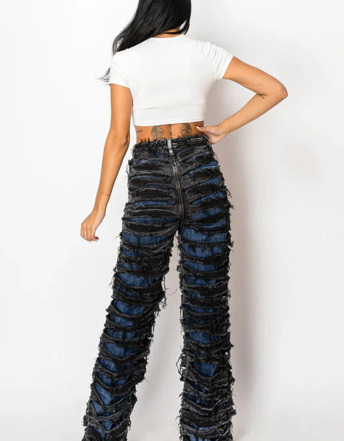 Load image into Gallery viewer, Street Denim Pants Women Ripped Out Striped High Waist Zipper Jeans