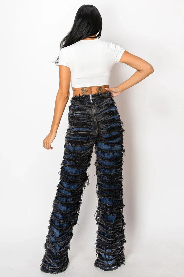 Street Denim Pants Women Ripped Out Striped High Waist Zipper Jeans