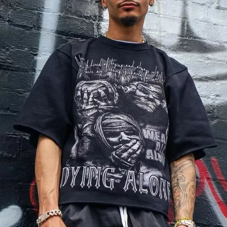 We Are All Alone Abstract Human Face Graphics Printed Cotton T-Shirt Men Y2K Short Sleeves Oversize vintage t shirt