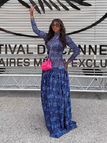 Royal Blue Dress for Women Mid-turtleneck High Waist Transparent Light Long Dress with Sleeves Pleated Maxi Dress