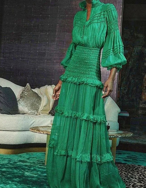Load image into Gallery viewer, Elegant Long Dress Women Spring  Stand Collar Lantern Sleeve Dress Female Ruffle Tiered Maxi Dress  2025