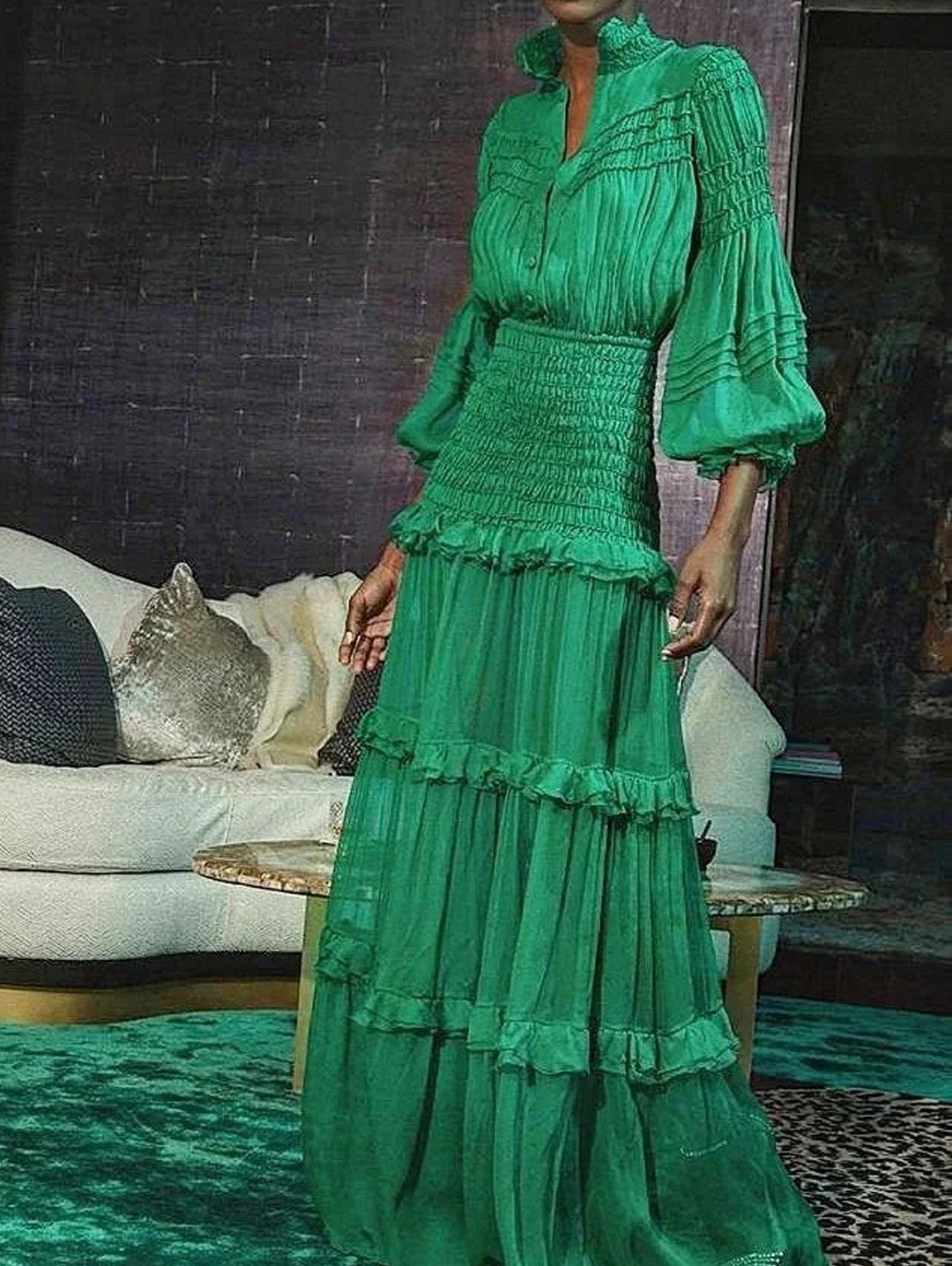 Elegant Long Dress Women Spring  Stand Collar Lantern Sleeve Dress Female Ruffle Tiered Maxi Dress  2025