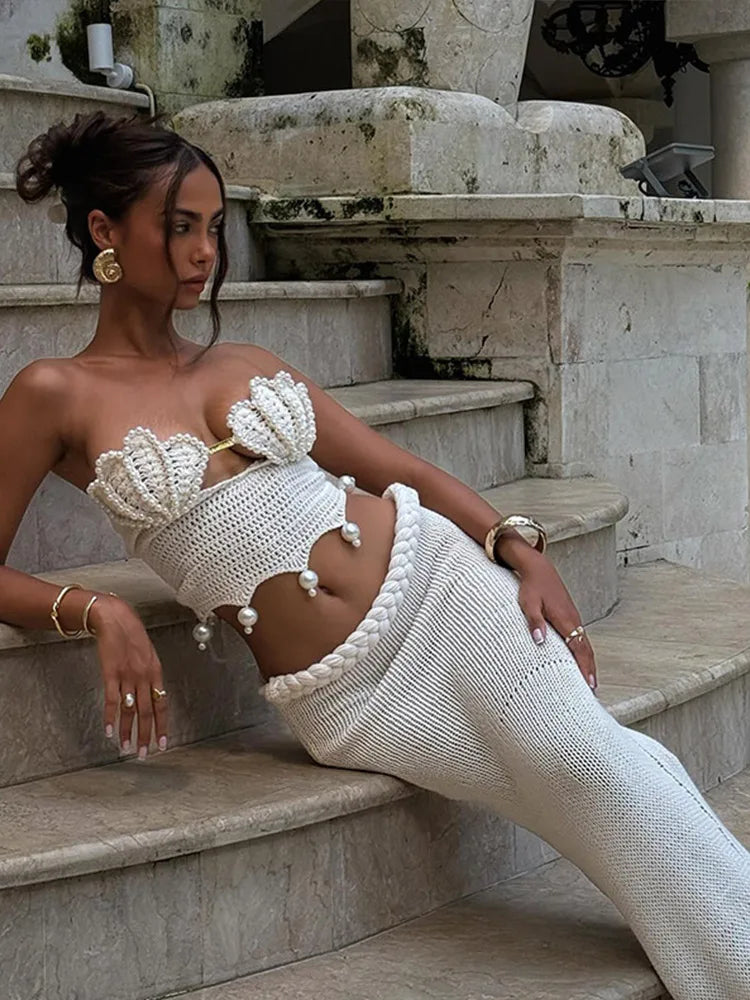 Crochet Knitted Pearl Bra Skirt Set ,Backless Hollow Out Short Top Twists Long Skirt