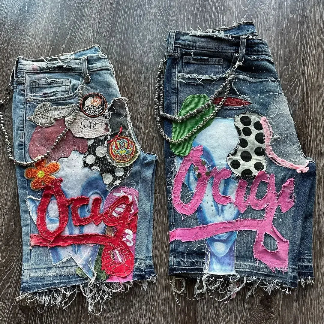 Skull Letter Pattern Patchwork Shorts Men Streetwear Pants Hip Hop Fashion Denim Shorts