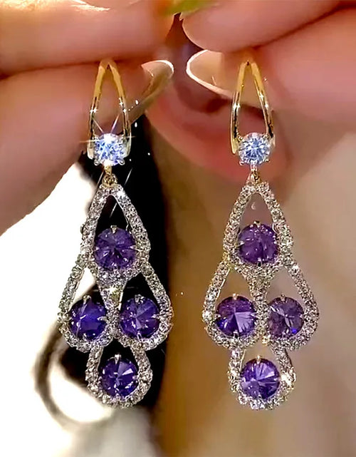 Load image into Gallery viewer, Purple Crystal Water Drop Long Tassel Earrings Women Design Sparkling