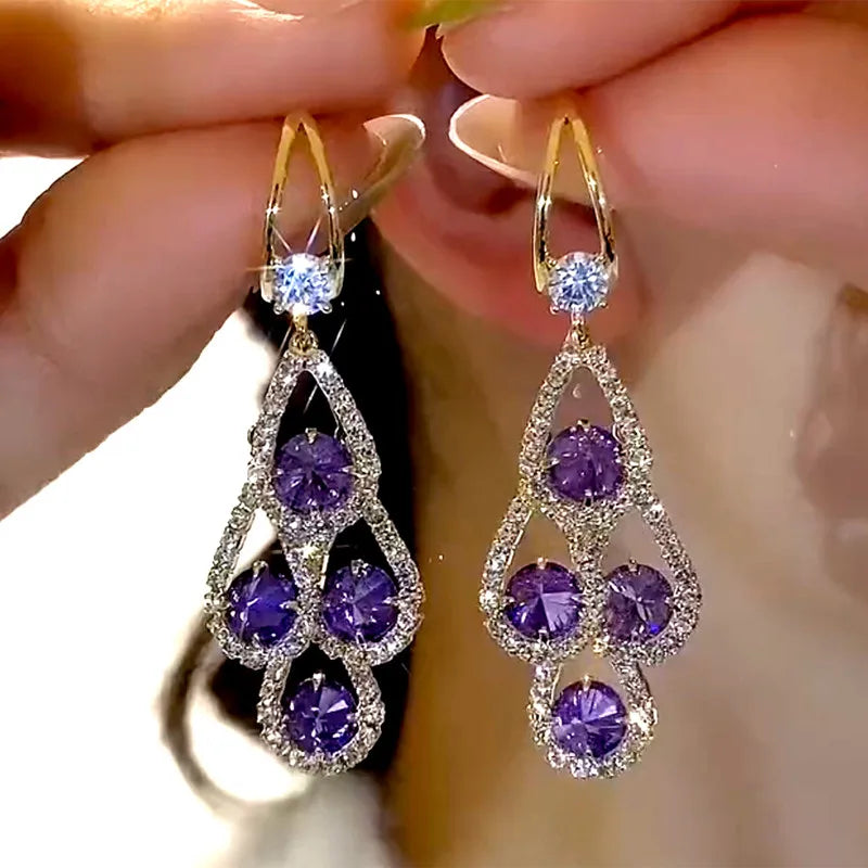 Purple Crystal Water Drop Long Tassel Earrings Women Design Sparkling
