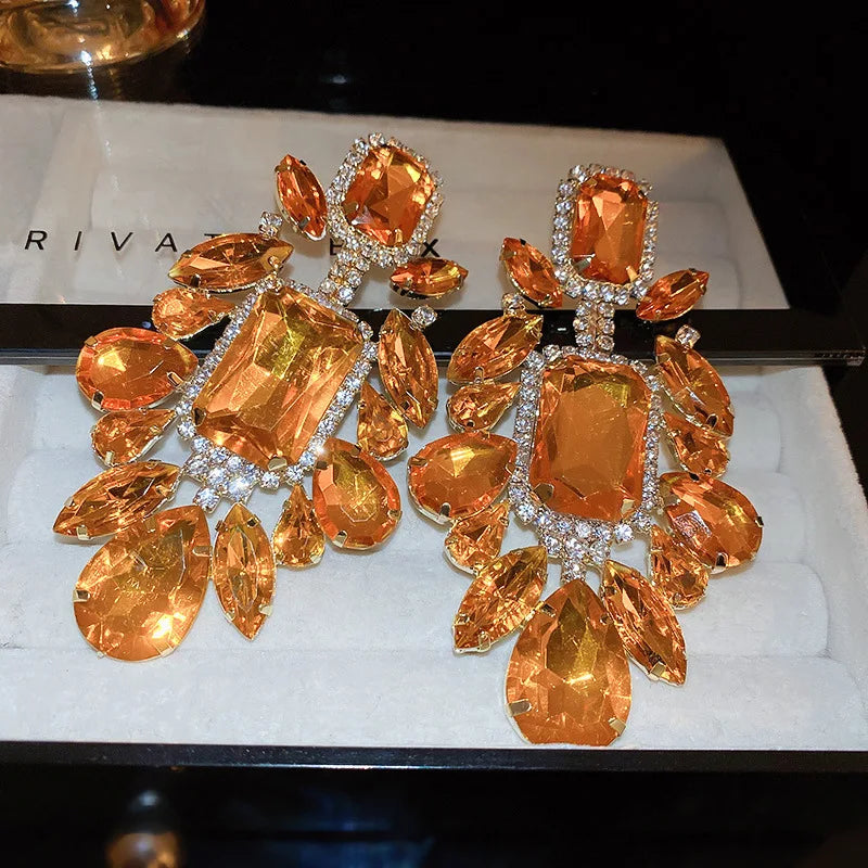 Women's Orange Rhinestone Geometric Dangle Earrings Retro Exaggerated Drop Earrings