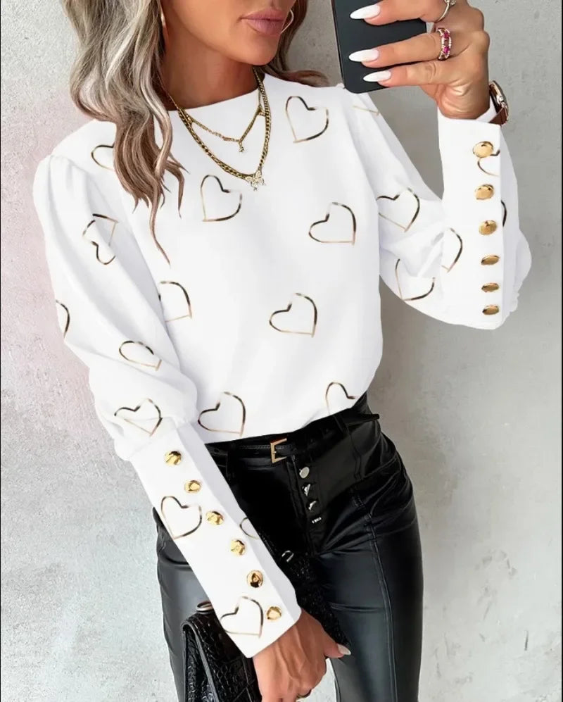 Women's  Fashionable  Heart Printed Long Sleeved Top