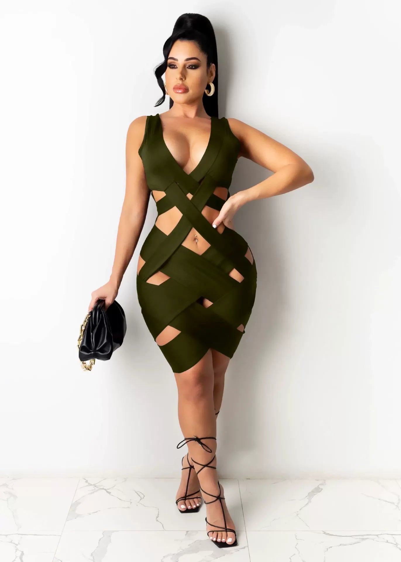 Sleeveless Tight Dress Hollow Out Sheath Mini Black Sexy Bodycon Dress Women