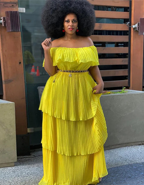 Load image into Gallery viewer, Plus Size  Dress Women Solid Off Shoulder Pleated  Fashion Chiffon Maxi Dresses