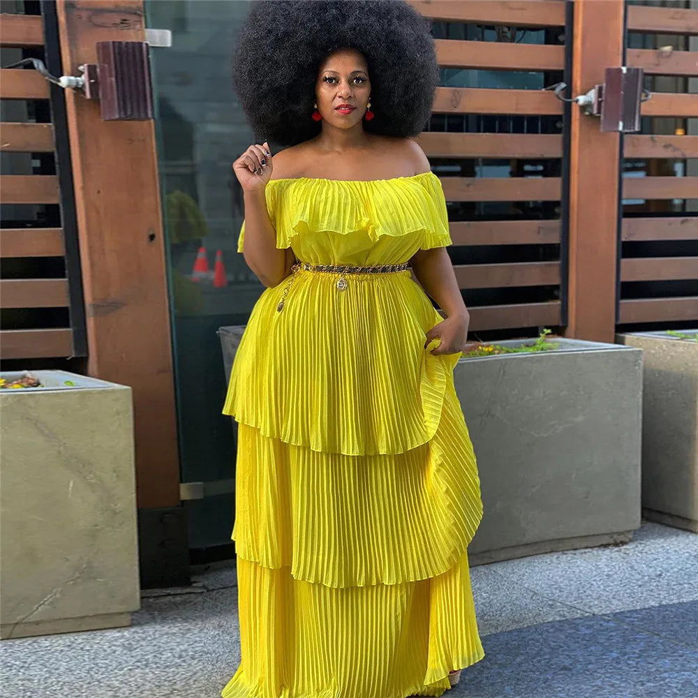 Plus Size  Dress Women Solid Off Shoulder Pleated  Fashion Chiffon Maxi Dresses