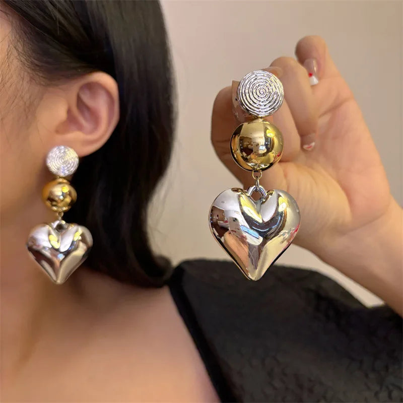 Heart Shape Metal Pendant Fashion Stud Earrings Silver and Gold Colored