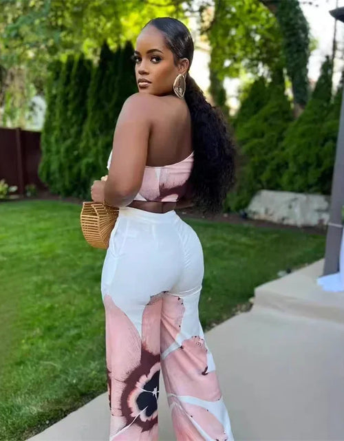 Load image into Gallery viewer, Floral Print Summer Two Piece Set Women Holiday One Shoulder Crop Top and Loose Wide Leg Pants