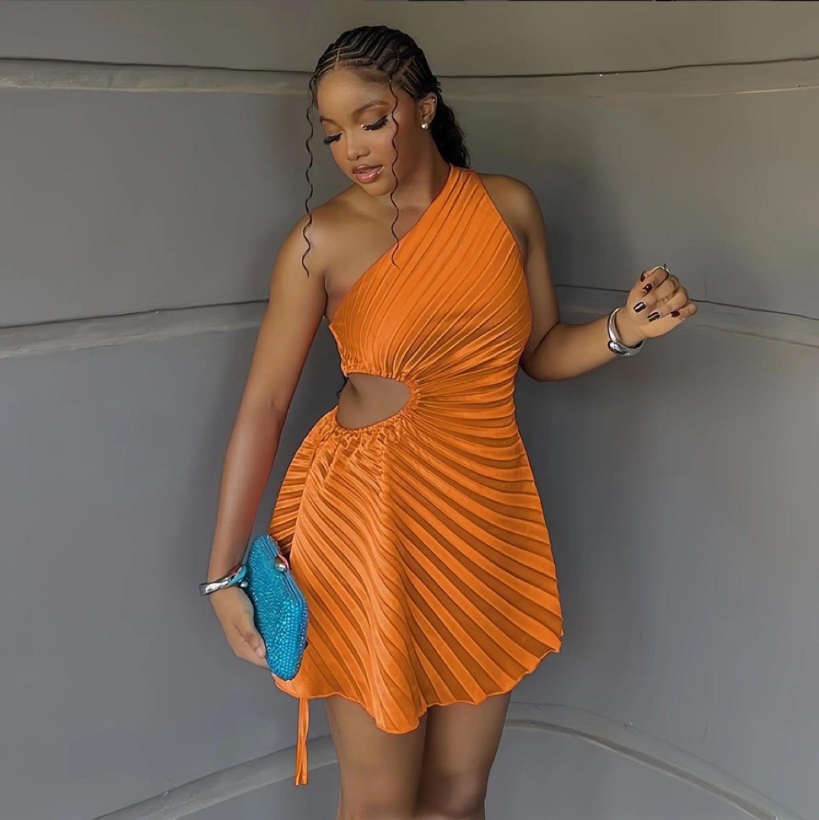 Women Pleated One Shoulder Sleeveless Cutout Waist Dress 2025 Evening Sexy Club Party Evening High Street Dresses