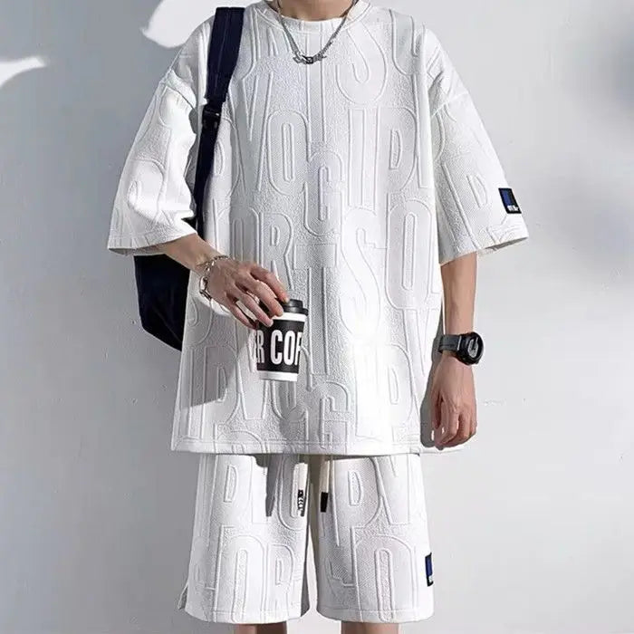 2025 Men's New Waffle Summer Suit  Casual shirt + Shorts  Loose Fit