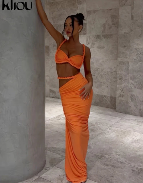 Load image into Gallery viewer, Woven Sexy Women 2 Piece Set Stunning Hot Solid Pleated Crop Camisoles High Waist Maxi Skirt