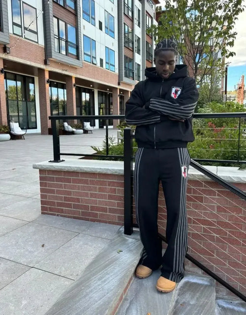 Load image into Gallery viewer, Zip Hooded Sweatpants Set Men Two Piece Hip Hop Embroidered Vintage Stripe Oversized Hooded Sweatshirt Casual Pants Set