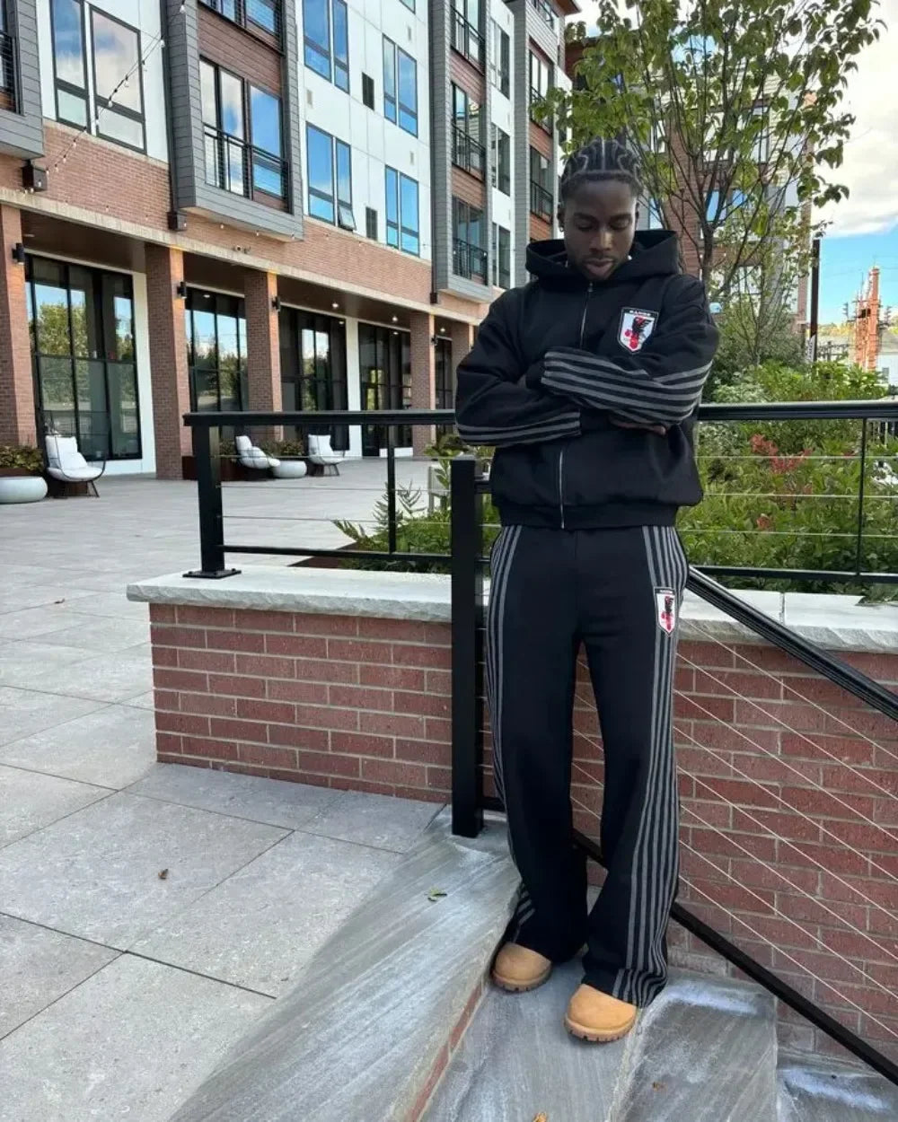 Zip Hooded Sweatpants Set Men Two Piece Hip Hop Embroidered Vintage Stripe Oversized Hooded Sweatshirt Casual Pants Set