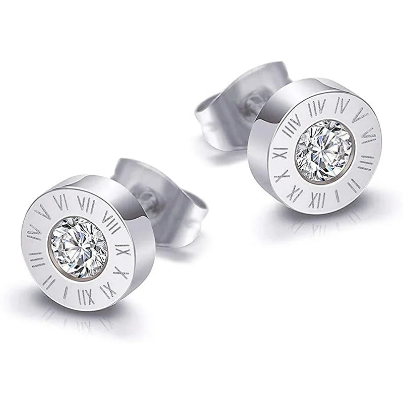 Fashion New Stainless Steel Acrylic Crystal Stud Jewelry Vintage Roman Numerals Small Earring