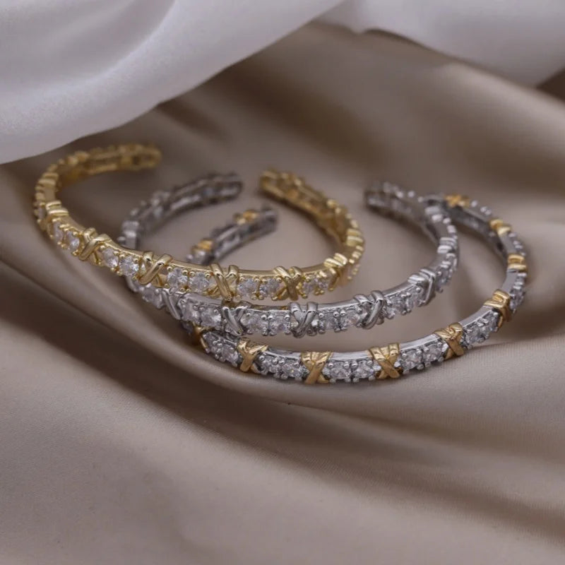 Elegant Women's Two-Color Gold , Silver and Multi Gold and silver Letter X Bracelet Fashionable French Design Accessory Cubic Zirconia Cuff