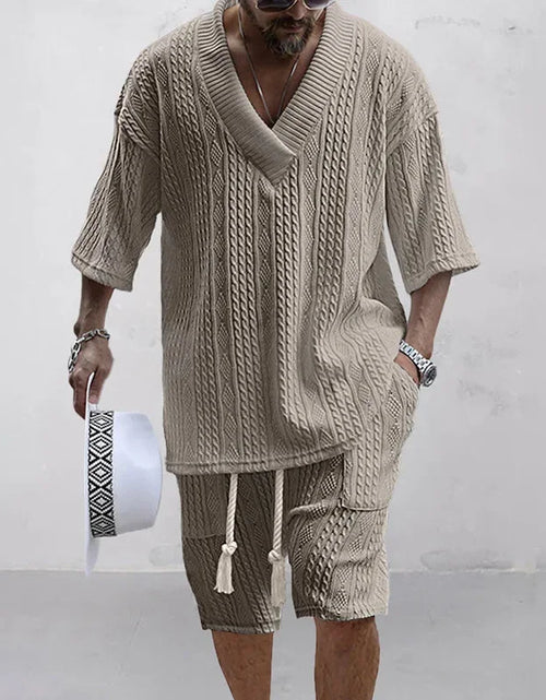 Load image into Gallery viewer, 2025 Casual Shorts Set Knitted Two Piece Men's Clothing V-Neck Short Sleeve T-shirt and Shorts Streetwear Knit Outfits