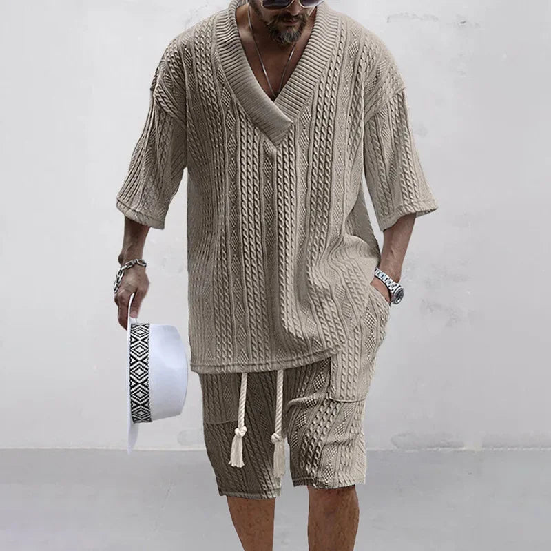 2025 Casual Shorts Set Knitted Two Piece Men's Clothing V-Neck Short Sleeve T-shirt and Shorts Streetwear Knit Outfits