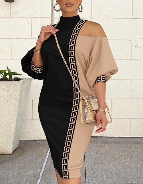 Load image into Gallery viewer, Women Bare Shoulder Lantern Dress Femme Print Patchwork O-Neck