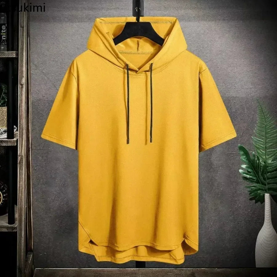 2025 Men's Summer Hoodies T-shirts Short Sleeve Solid Color Loose Hooded Drawstring Pullover Tops