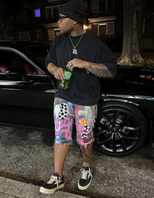 Load image into Gallery viewer, Skull Letter Pattern Patchwork Shorts Men Streetwear Pants Hip Hop Fashion Denim Shorts