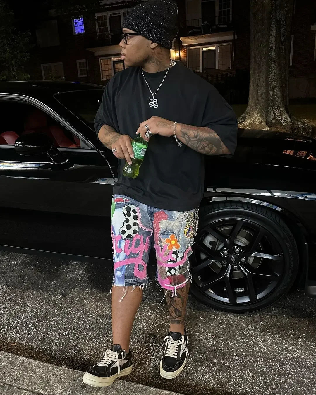 Skull Letter Pattern Patchwork Shorts Men Streetwear Pants Hip Hop Fashion Denim Shorts