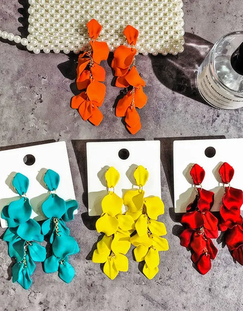Load image into Gallery viewer, Bohemian Rose Petal Earrings Flower Red Yellow Blue Colors Flower Drop Earrings