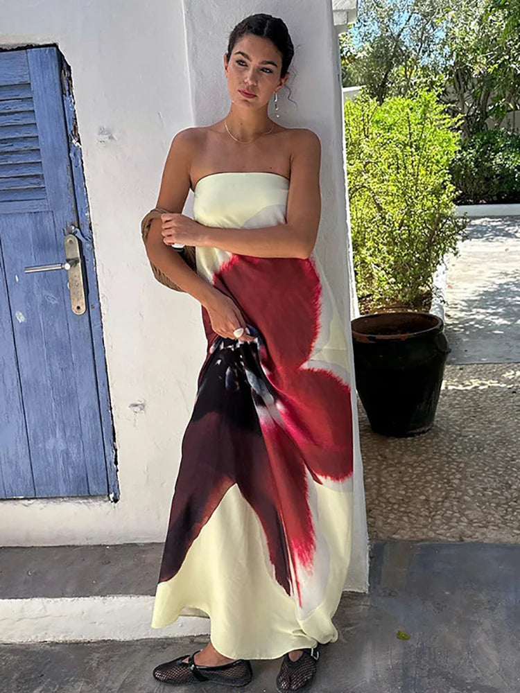 Sexy Strapless Print Floral Belt Women Maxi Dress Yellow Backless Vacation Dress Loose