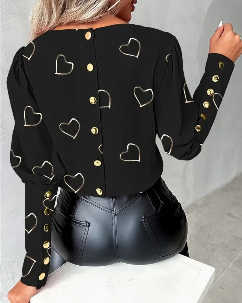 Women's  Fashionable  Heart Printed Long Sleeved Top