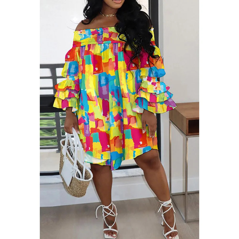 Plus Size Yellow Daily Pattern Print Ruffles Off The Shoulder Midi Dresses