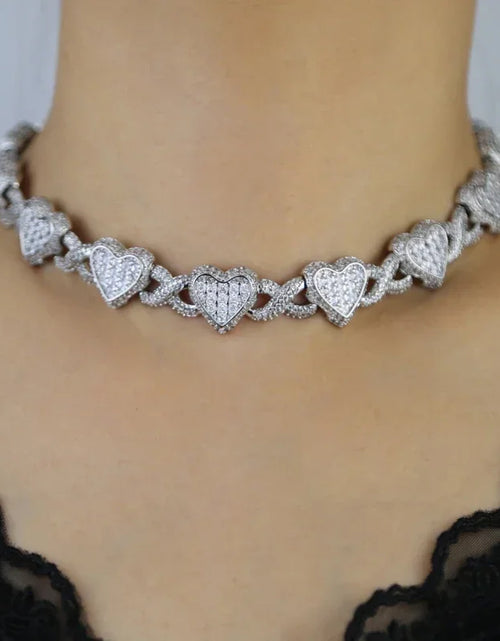 Load image into Gallery viewer, 2025 Iced Out Bling Full Paved 5A Cubic Zirconia CZ Heart Charm Infinity Chain Choker Necklace Jewelry