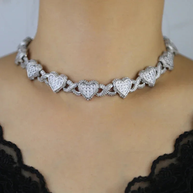 2025 Iced Out Bling Full Paved 5A Cubic Zirconia CZ Heart Charm Infinity Chain Choker Necklace Jewelry