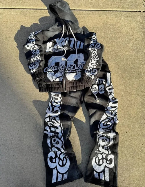 Load image into Gallery viewer, 2025 High Street Trendy Brand Fashion Letter Print Zipper Hoodie  Retro Hip Hop Rock Trousers Set Women