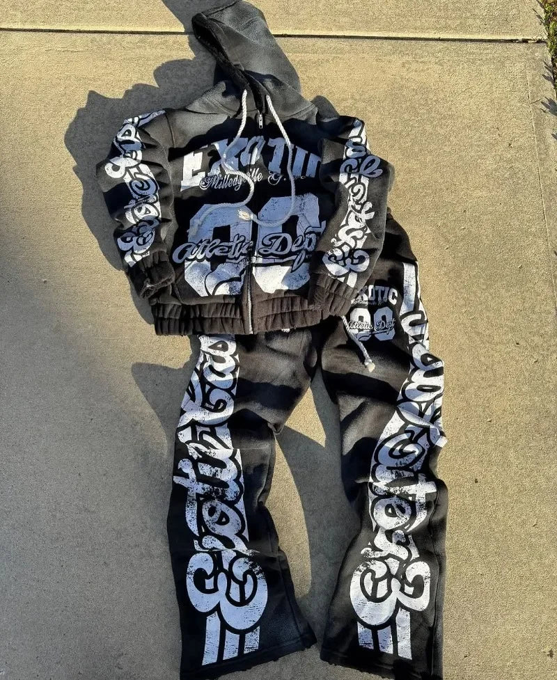 2025 High Street Trendy Brand Fashion Letter Print Zipper Hoodie  Retro Hip Hop Rock Trousers Set Women