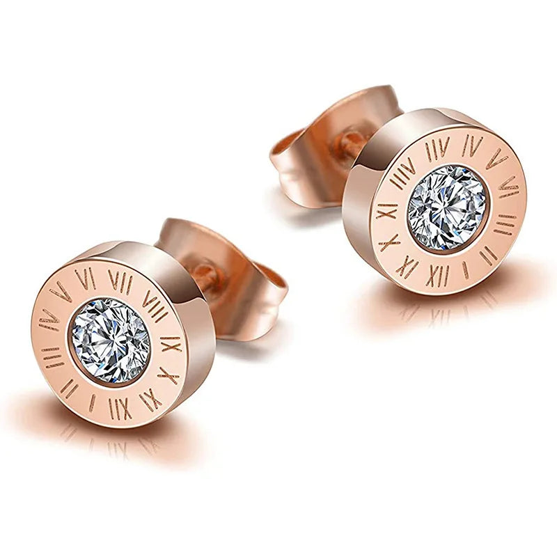 Fashion New Stainless Steel Acrylic Crystal Stud Jewelry Vintage Roman Numerals Small Earring