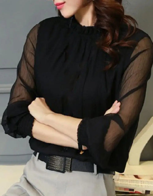 Load image into Gallery viewer, Women's Elegant Chiffon Blouse with Ruffle Collar And Elastic Cuffs Full Sleeve Solid Color Mesh Shirt